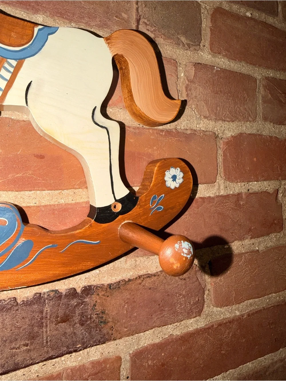 Hand-Painted Wooden Rocking Horse Wall Hook - Cream & Blue